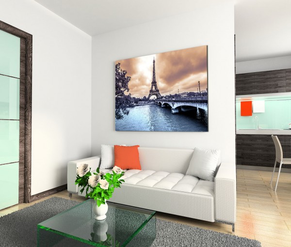 120x80cm Wandbild Paris Eiffelturm Seine Brücke Winter Wolken