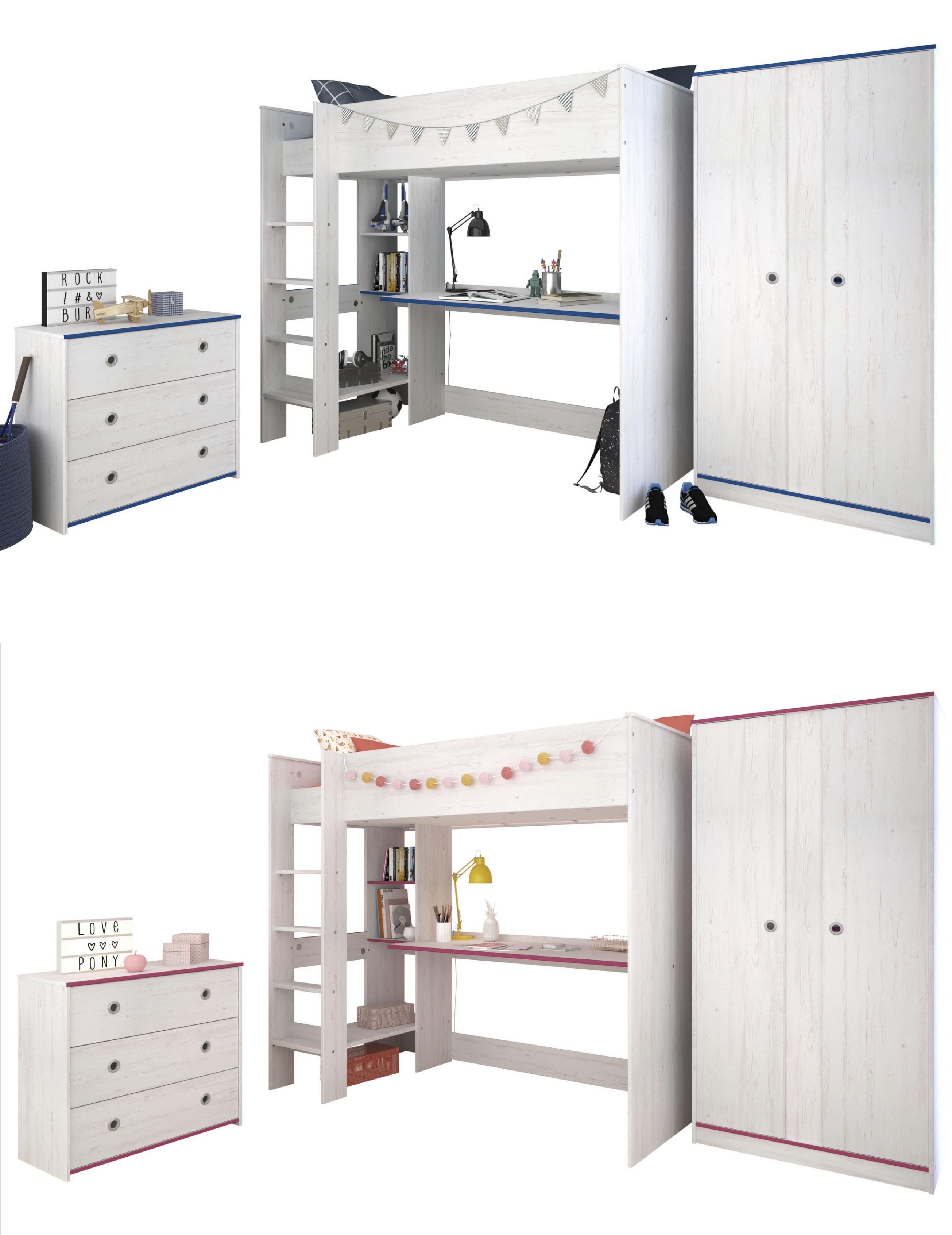Jugendzimmer Smoozy mit Hochbett von Parisot Komplett Set in Kiefer Weiß mit Rosa ODER Blau
