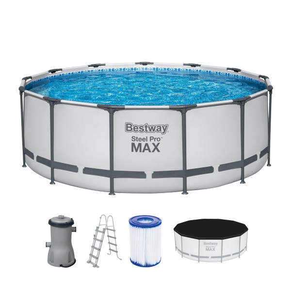 Bestway 5618W Steel Pro Max Frame Pool Komplett-Set mit Filterpumpe, Sicherheitsleiter, Abdeckplane 396 x 122 cm Schwimmbecken