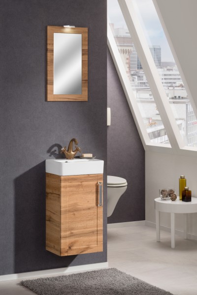 Badezimmer Delta in Eiche 3 teilig mit Waschbeckenunterschrank inklusive Becken, Spiegelschrank und