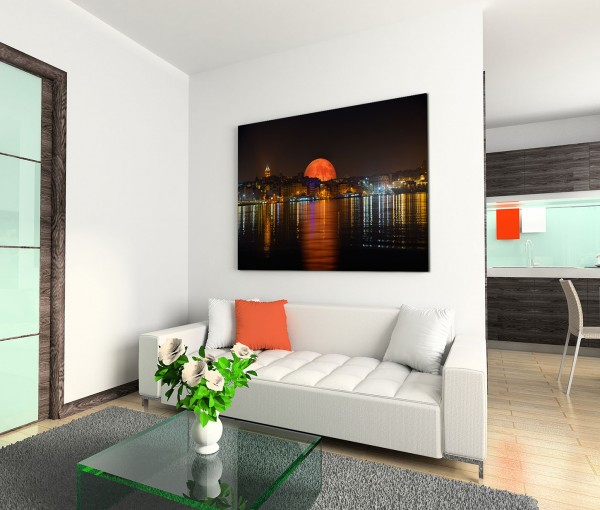 120x80cm Wandbild Istanbul Bosporus Nacht Lichter Mont Spiegelung