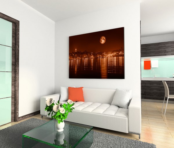 120x80cm Wandbild Istanbul Bosporus Galataturm und -brücke Nacht Mond