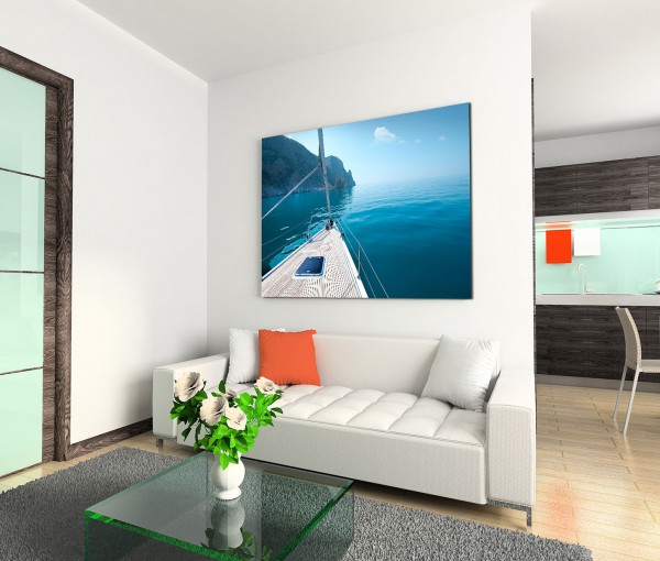 120x80cm Wandbild Meer Ufer Felsen Yacht