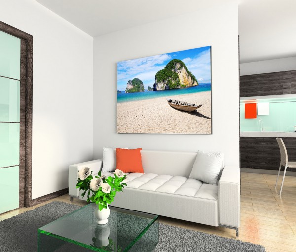 120x80cm Wandbild Thailand Krabi Sandstrand Meer Holzboot Felsen