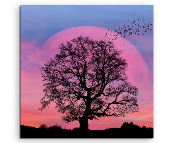 Collage Baum Silhouette vor Supermond auf Leinwand exklusives Wandbild moderne Fotografie für ihre