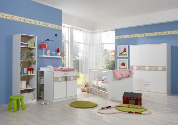 Babyzimmer Kimba in Weiß und Eiche Sägerau von Wimex 7 teiliges Superset mit Schrank, Bett mit Latte