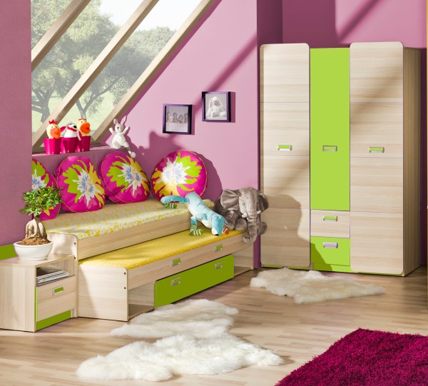 Jugendzimmer Lorento 4 teilig Komplett Set in Esche und Limonengrün mit großem und kleinen Kleiderschrank, Funktionsbett und Nachttisch - Jugendzimmer Kinderzimmer Möbel Teenagerzimmer