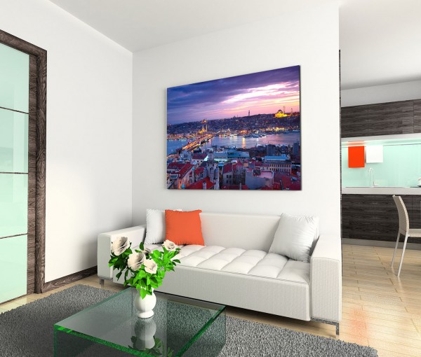 120x80cm Wandbild Istanbul Bosporus Häuser Sonnenuntergang