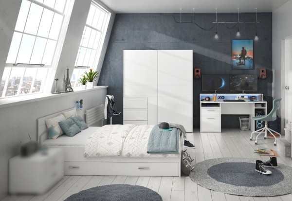 SPAR SET Jugendzimmer Gaming Zimmer Tezaur "Snow" von Forte 4 teilig mit Gaming Schreibtisch, Bett und Bettschubkasten, Kleiderschrank - Jugendzimmer Kinderzimmer Möbel Teenagerzimmer