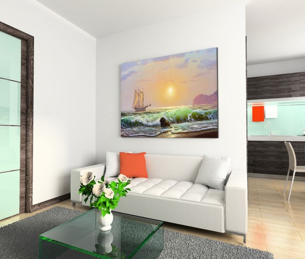 120x80cm Wandbild Segelboot Strand Wellen Sonnenuntergang