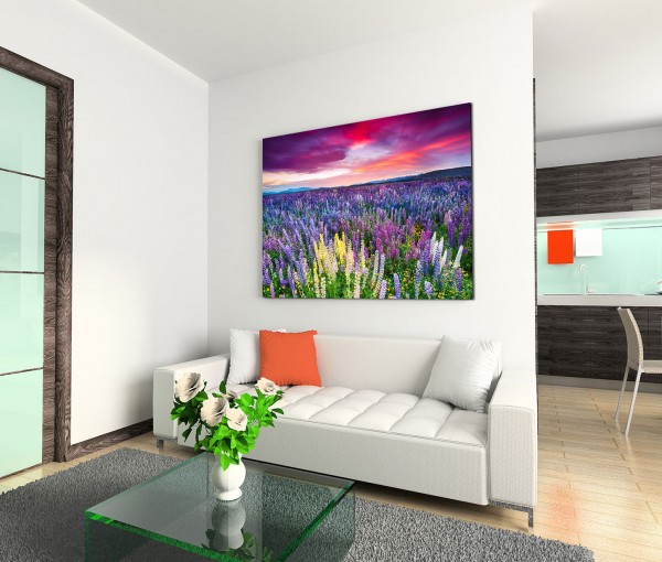 120x80cm Wandbild Blumenwiese Sonnenuntergang Wolkenschleier