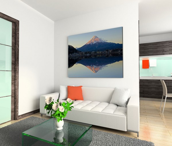 120x80cm Wandbild Fuji Berg Schnee See Abendlicht Spiegelung