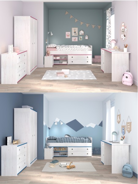 Jugendzimmer Smoozy 36 von Parisot 5 teilig Komplett Set in Kiefer Weiß mit Rosa ODER Blau - Jugendzimmer Kinderzimmer Möbel Teenagerzimm