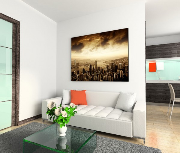 120x80cm Wandbild Hongkong Skyline Wolken