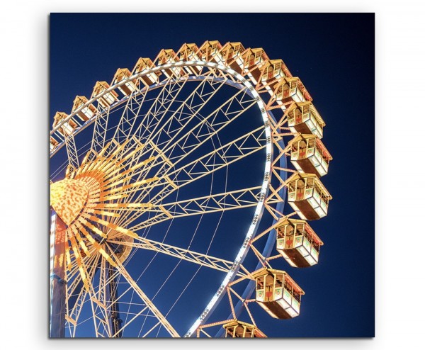 Architekturfotografie – Gelbes Riesenrad vor blauem Himmel auf Leinwand