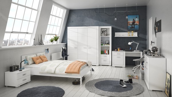 Jugendzimmer Snow in Weiß 7 teiliges Komplett Set mit Kleiderschrank 140x200 Jugendbett Nachttisch Schreibtisch Sideboard Regal Kinderzimmer Möbel Teenager Zimmer Jungs und Mädchen