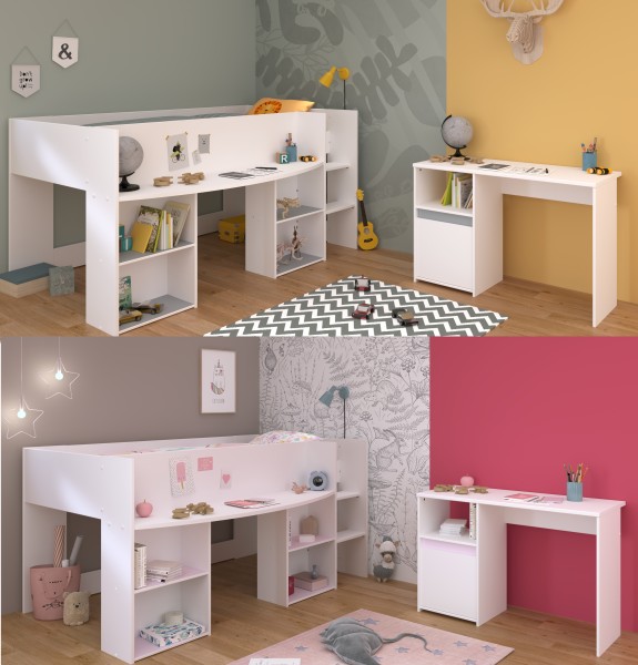 Jugendzimmer Pirouette 17 2-teilig von Parisot in Weiß und Rosa / Kieselgrau mit Hochbett und Schreibtisch - Jugendzimmer Kinderzimmer Möbel Teenagerzimm