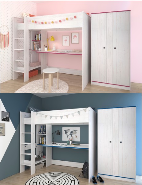 Jugendzimmer Smoozy 4 von Parisot 2 teilig Komplett Set in Kiefer Weiß mit Rosa ODER Blau - Jugendzimmer Kinderzimmer Möbel Teenagerzimm