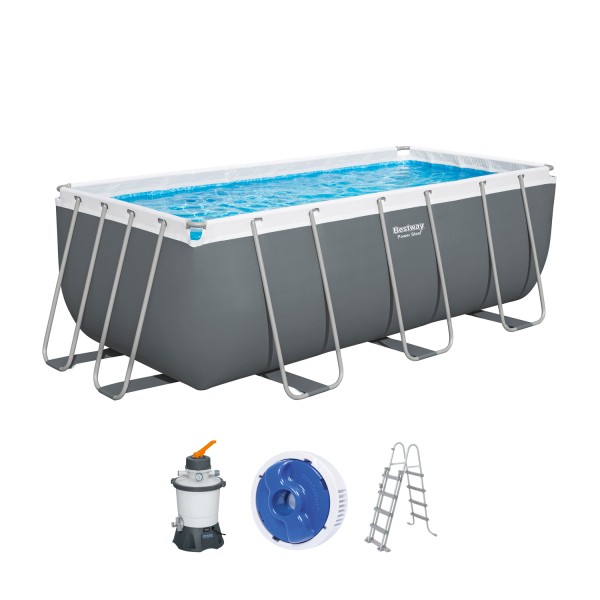 Bestway 56457 Power Steel™ Frame Pool 412 x 201 x 122 cm – Komplettset mit Sandfilteranlage, grau, eckig