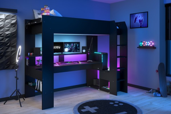 TOLLES Gaming Hochbett "Online 1" von Parisot in Schwarz inklusive LED Beleuchtung mit Farbwechsel und USB - Jugendzimmer Kinderzimmer Möbel Teenager Zimmer Jungs und Mädchen