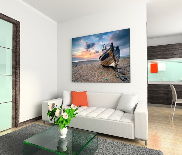 120x80cm Wandbild Steinstrand Meer Holzboot Sonnenaufgang