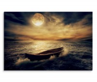 120x80cm Wandbild Ozean Holzboot Wolken Nacht Mond