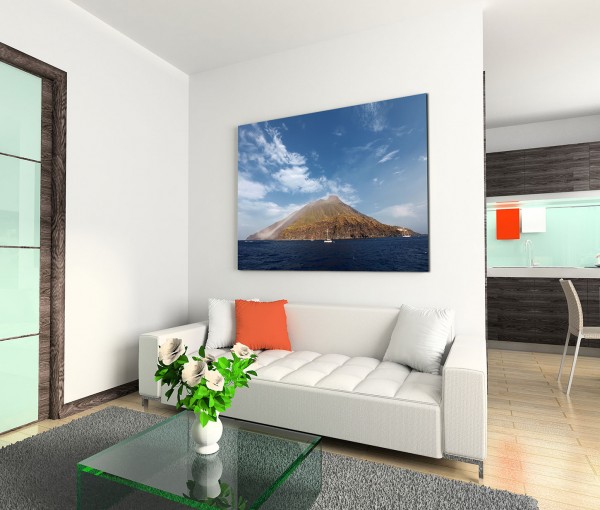 120x80cm Wandbild Stromboli Vulkan Insel Meer Boote