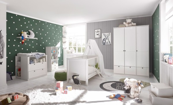 Babyzimmer Landhaus in Weiß mit Soft Close und Matratze 8 teiliges Komplett Set mit Schrank, Bett mit Lattenrost, Matratze und Umbauseiten, Wickelkommode und Regalen - Kinderzimmer komplett Set von Wimex