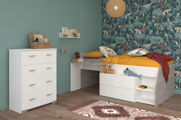 TOLLES Jugendzimmer Milky 16 von Parisot 2 teilig mit halbhohem Hochbett in Weiß und Grey Loft - Jugendzimmer Kinderzimmer Möbel Teenagerzimmer