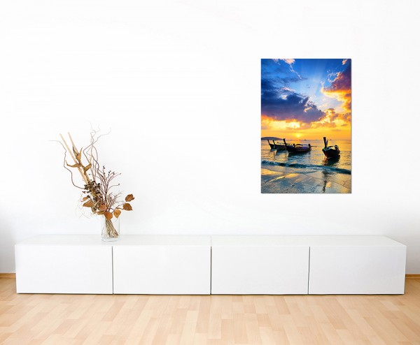 120x80cm Boote Strand Meer Wolken Sonnenstrahlen