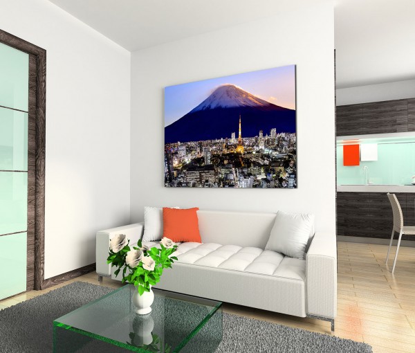 120x80cm Wandbild Fuji Berg Schnee Tokio Stadt modern Abendlicht