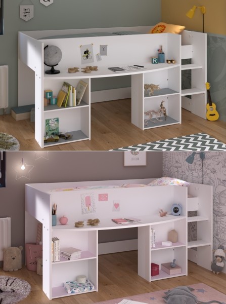 Hochbett Pirouette 1 von Parisot in Weiß und Rosa/ Kieselgrau Jugendzimmer Möbel - Jugendzimmer Kinderzimmer Möbel Teenagerzimmer