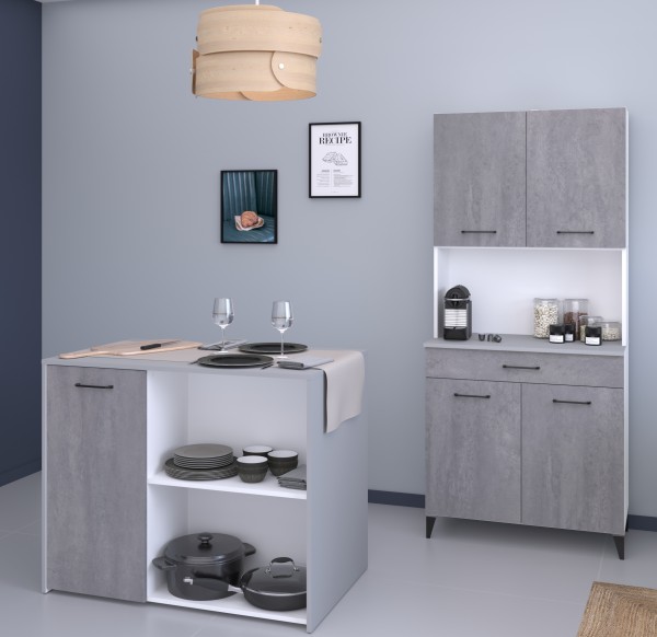 Buffet Set Küchenbuffet Küchenschrank Malice 3 von Parisot 2 teilig in Weiß und Beton Komplett
