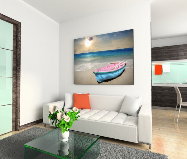 120x80cm Wandbild Strand Meer Holzboot Sonnenuntergang