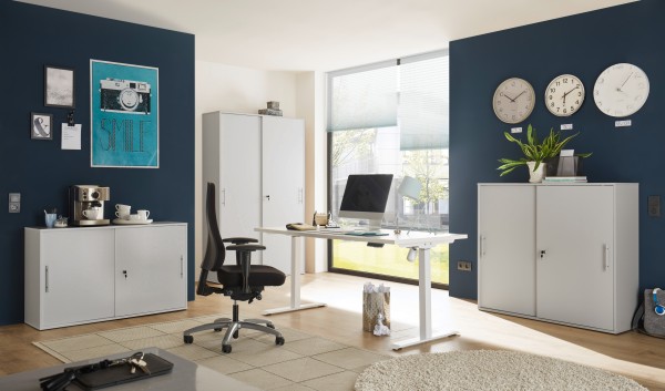 Büromöbel Shove "Pronto" komplett Set 4 teilig in Grau mit elektrisch höhenverstellbaren Schreibtisch und drei verschieden großen, abschließbaren Aktenschränken - Büroset, Arbeitszimmer, Home Office