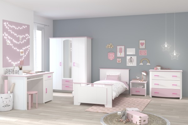 Jugendzimmer Biotiful 13 von Parisot 5 teilig Komplett Set in Weiß mit Rosa - Jugendzimmer Kinderzimmer Möbel Teenagerzimmer