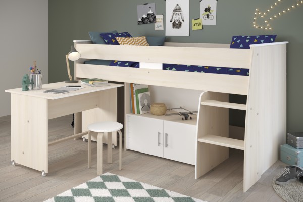 Hochbett Charly 4 von Parisot in Akazie und Weiß mit integriertem Schreibtisch Jugendzimmer Möbel - Jugendzimmer Kinderzimmer Möbel Teenagerzimmer