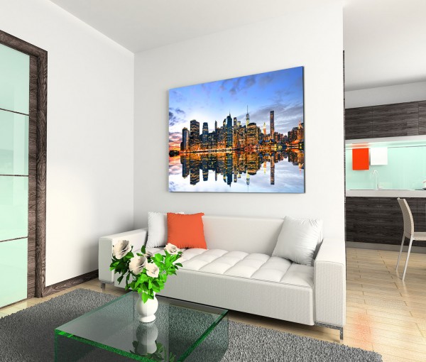 120x80cm Wandbild Manhattan Skyline Haudson River Dämmerung Spiegelung