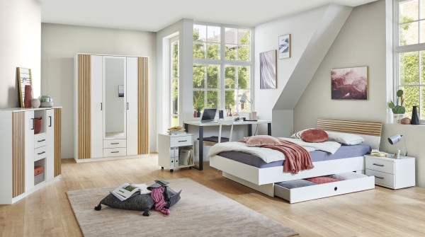 Jugendzimmer Rügen von Wimex 7 teiliges Komplett Set mit Drehtürenschrank in Weiß und Artisan Eiche mit Drehtürenschrank, 140er Jugendbett, Bettschubkasten, Nachttisch, Schreibtisch, Rollcontainer, Kommode - Jugendzimmer Kinderzimmer Möbel Teenagerzimmer