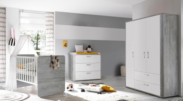 Babyzimmer Frieda 3 teilig in Vintage Wood Grey und Weiß matt mit Kleiderschrank, Wickelkommode und Babybett - Baby, Babyzimmermöbel, Kinderzimmer, Kinderzimmermöbel