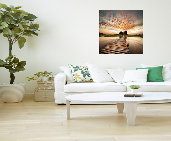80x80cm Fluss Steg Holz Landschaft Tropen