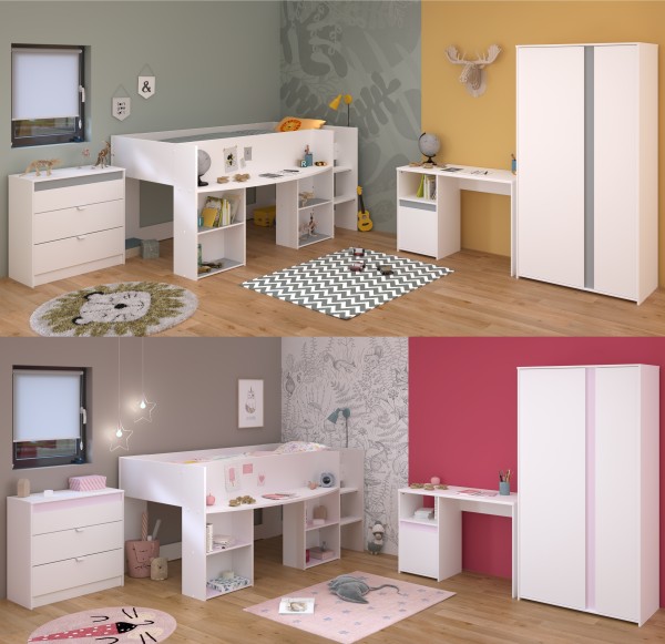 Jugendzimmer Pirouette 11 4teilig von Parisot in Weiß und Rosa / Kieselgrau - Jugendzimmer Kinderzimmer Möbel Teenagerzimmer