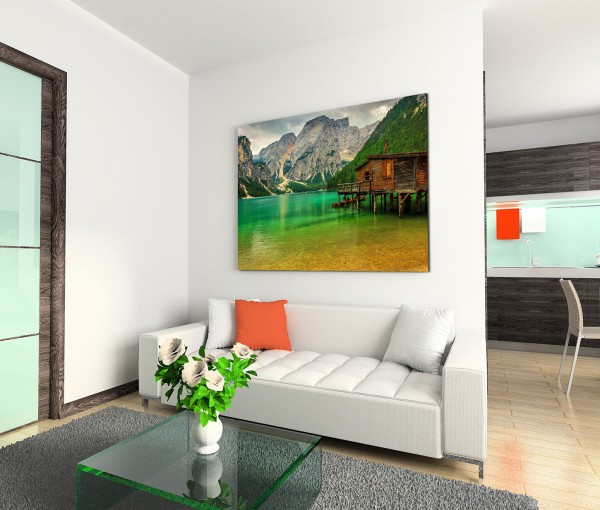 120x80cm Wandbild Italien Südtirol Dolomiten Berge Bergsee Holzhaus