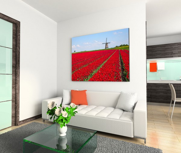 120x80cm Wandbild Tulpenfeld Windmühle Sommer