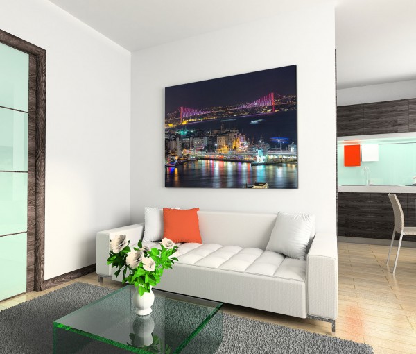 120x80cm Wandbild Istanbul Bosporus Brücke Nacht Lichter