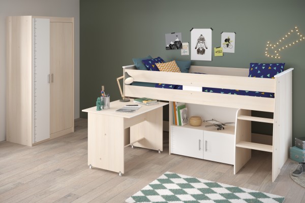 Jugendzimmer Charly 5 von Parisot 2teilig in Akazie und Weiß mit Hochbett und Kleiderschrank Kinderzimmer - Jugendzimmer Kinderzimmer Möbel Teenagerzimmer