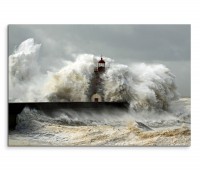 120x80cm Wandbild Meer Welle Sturm Leuchtturm
