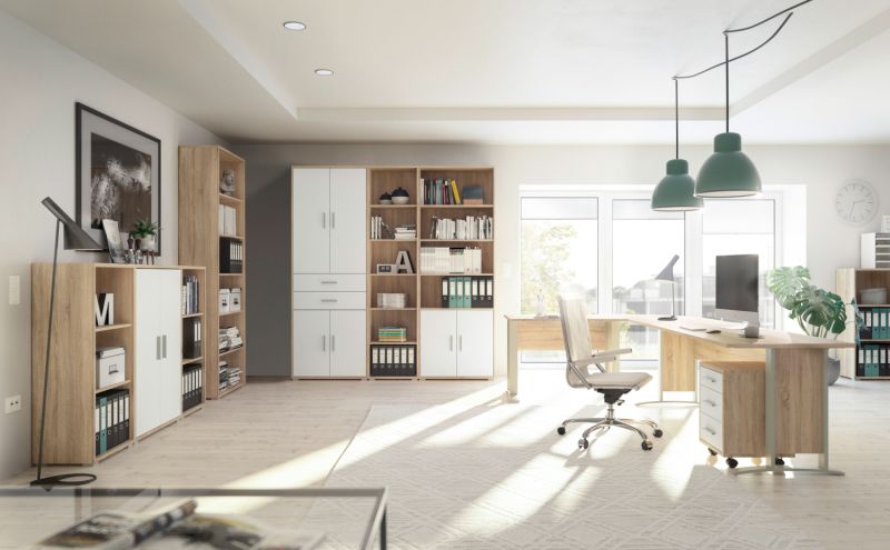 Büro Office Line Büromöbel Komplett Set in Eiche Sonoma kombiniert mit Weiß oder Eiche Sonoma – verschiedene Varianten wählbar