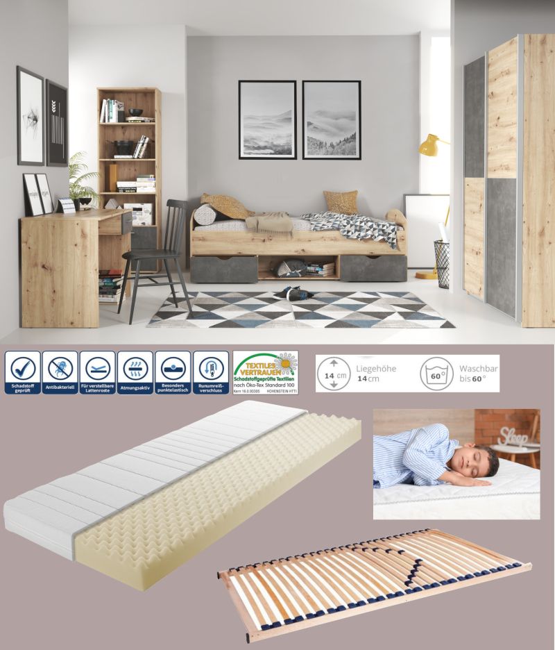 Jugendzimmer Lupo in Artisan Oak und Dark Grey Kinderzimmer Komplett Set – wahlweise mit Matratze und Lattenrost