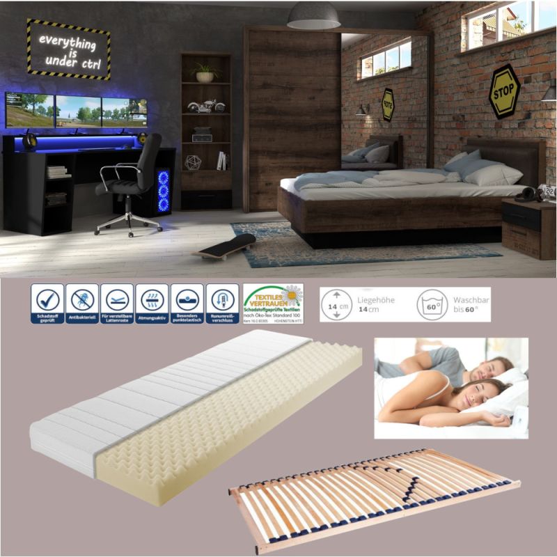 Jugendzimmer Tezaur „Jacky“ in  Schlammeiche, Schwarz und Schwarzeiche, Gamingzimmer mit RGB LED Komplett Set in verschiedenen Varianten wählbar